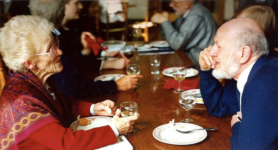 Lorna Arnold and Frank Barnaby in discussion